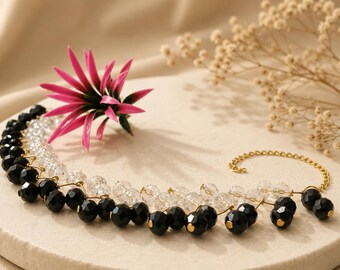 Black Clear Crystal Beaded Necklace Set | Gold Wire Statement Jewelry