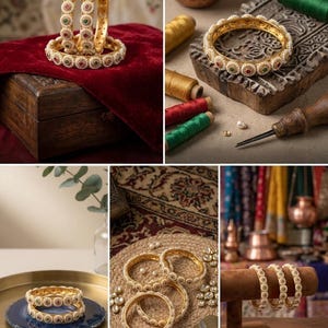 May include: Gold-tone metal bangles featuring a circular pattern of small white faux pearls surrounding alternating red and green stones. The jewelry pieces have a textured finish and are arranged in various displays, showcasing the intricate craftsmanship.