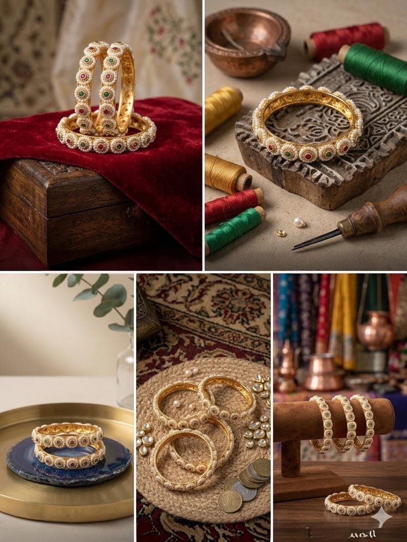May include: Gold-tone metal bangles featuring a circular pattern of small white faux pearls surrounding alternating red and green stones. The jewelry pieces have a textured finish and are arranged in various displays, showcasing the intricate craftsmanship.