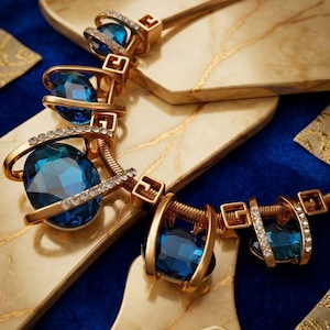 May include: A gold-tone necklace featuring a series of oval-shaped deep blue crystals set within metallic frames. The design includes small clear rhinestones embedded along the edges of the settings and square-shaped gold links connecting the pieces.