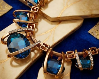 Blue Crystal Statement Necklace, Gold Tone Geometric Necklace, Elegant Party Jewelry for Women