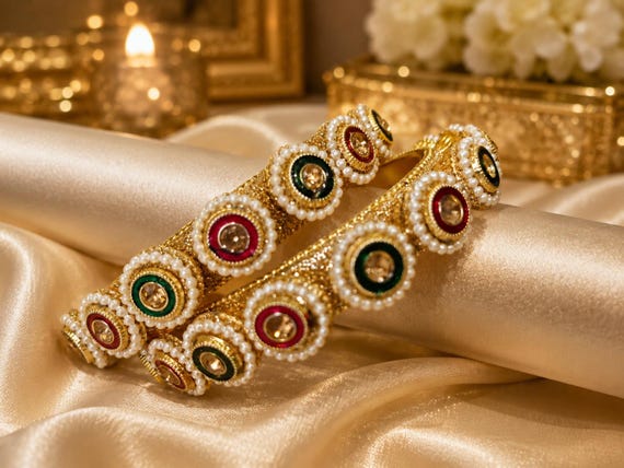 Royal Kundan Polki Bangles with green & maroon stones | Bridal Indian Gold finish Bangles