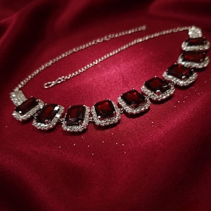 Rubin Roter Smaragd-Schliff Choker Halskette und Ohrring Set | Vintage Brautschmuck