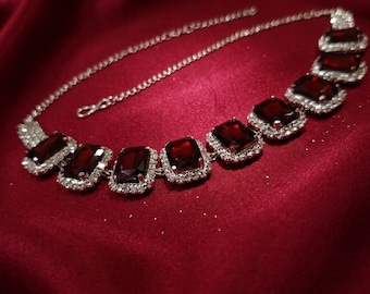 Ruby Red Emerald-Cut Choker Necklace and Earring Set | Vintage Bridal Jewelry