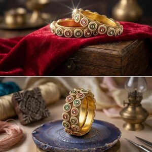 May include: Two gold-toned bangles featuring a repeating circular pattern. Each circle is accented with small white beads surrounding a central stone in alternating shades of deep red and forest green, set against a textured gold metal base.