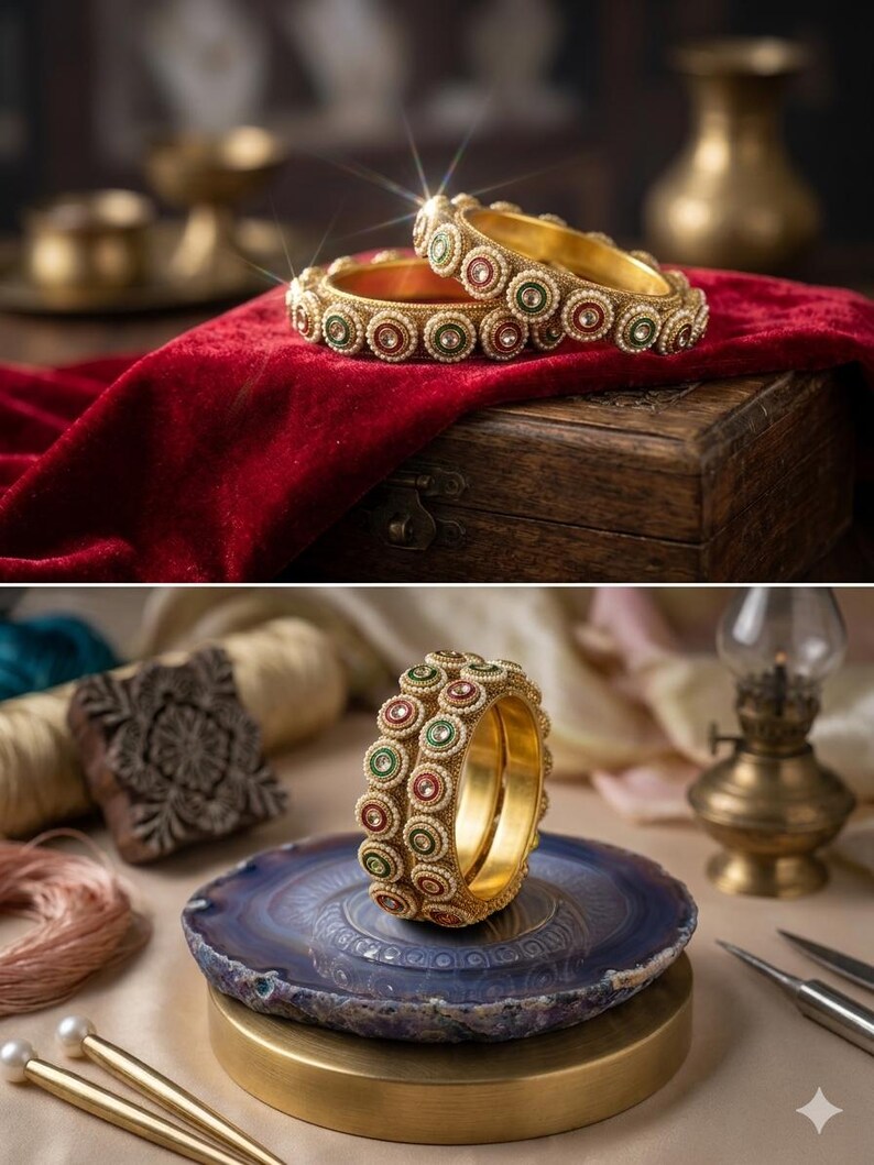May include: Two gold-toned bangles featuring a repeating circular pattern. Each circle is accented with small white beads surrounding a central stone in alternating shades of deep red and forest green, set against a textured gold metal base.