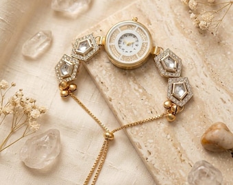 Kundan Bracelet Watch Women | Gold Adjustable Ethnic Jewelry, Pearl Tassel Accents
