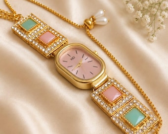 Pastel Kundan Bracelet Watch for Women – Adjustable Gold Tone Wrist Watch with Pearl Tassel