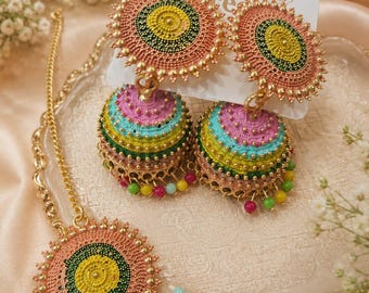 Designer Ethnic Beadwork Jhumka and Maang Tikka Jewelry Set