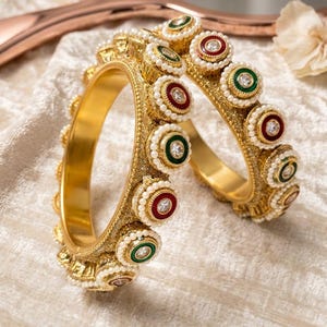 Royal Kundan Polki Bangles with green & maroon stones | Bridal Indian Gold finish Bangles image 8