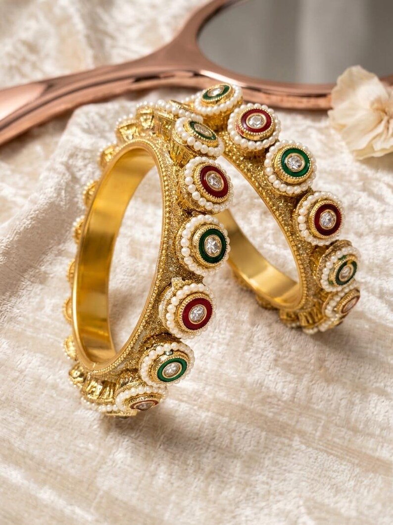 Royal Kundan Polki Bangles with green & maroon stones | Bridal Indian Gold finish Bangles image 8