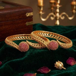 Antique Gold Tone Bangles Pair | Pink Stone Ball Design, Traditional Indian Jewelry