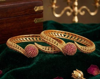Antique Gold Tone Bangles Pair | Pink Stone Ball Design, Traditional Indian Jewelry