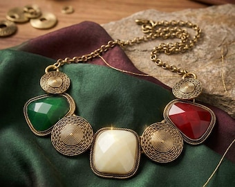 Boho Statement Necklace for Women, Multicolor Gemstone Look Bib Necklace