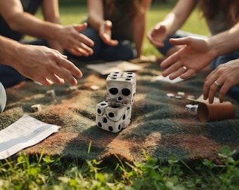 May include: Two stacked, off-white, cube-shaped dice featuring carved skull designs and black pips. The dice are positioned on a textured, multi-colored blanket alongside a small brown cup and a white paper score sheet with handwritten tally marks.