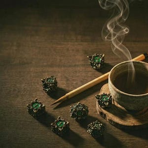 May include: A still-life image featuring ornate, bronze-colored rings with green center stones. A cup of tea with rising steam, a wooden brush, and a wooden coaster are also present, creating a serene, artistic composition.