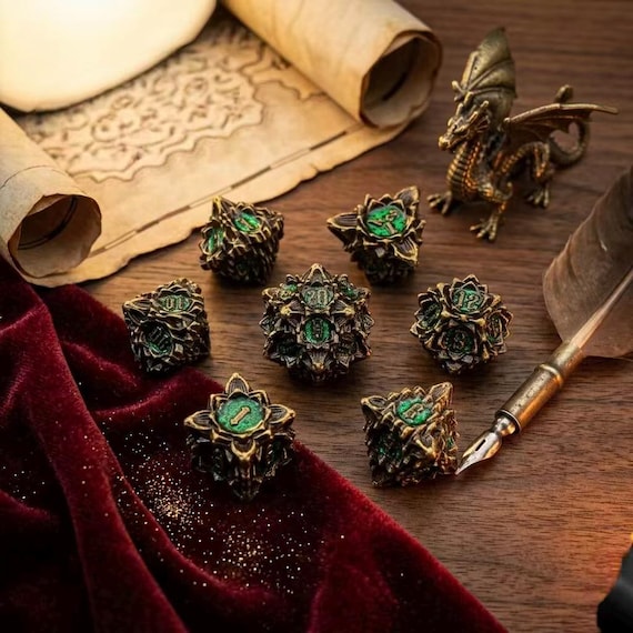 Lotus Metal Dice Set – Druidic TTRPG Gaming Accessory, Zinc Alloy DnD Dice