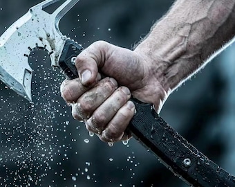 Zombie game-inspired tactical axe prop, cosplay tomahawk replica, non-functional game room decoration.