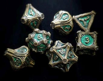 Bronze-Green Metal D&D Dice — Tree-Patterned Polyhedral Dice — Tabletop Gaming Gear