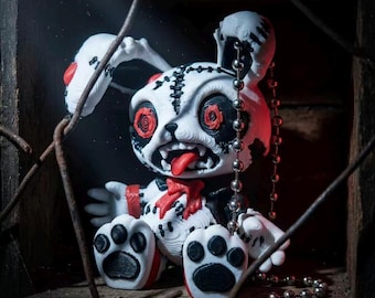 Gothic-style stitched rabbit keychain | Zombie rabbit bag charm, eerie art doll figurine