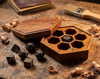 Wooden Hexagonal Dice Box, Magnetic Closure, RPG Dice Storage, Dungeon Master Gift