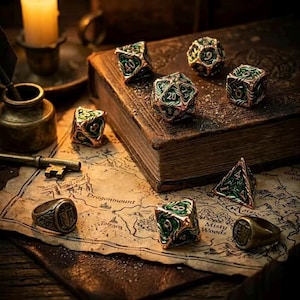 May include: A collection of metallic dice with green and bronze accents, resting on an aged book and a map. Two signet rings and a key are also present. The scene is illuminated by a candle, creating a vintage aesthetic.
