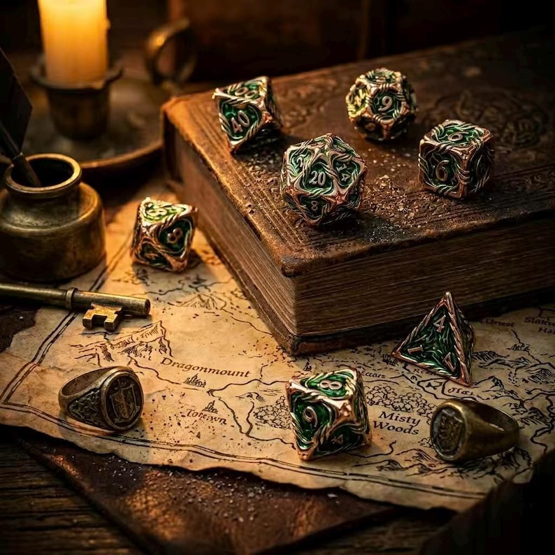 May include: A collection of metallic dice with green and bronze accents, resting on an aged book and a map. Two signet rings and a key are also present. The scene is illuminated by a candle, creating a vintage aesthetic.