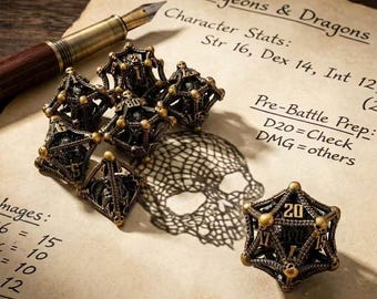 Hollow Metal Skull Dice Set, Antique Bronze, Copper, Black, Red Accents