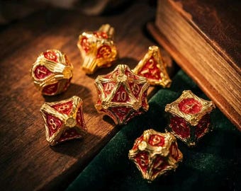 Red Metal Dice, Wood-Grain Dice — Suitable for Role-Playing Games