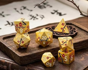 Plum Blossom Metal Dice Set — Thick Gold Enamel Dice — For RPGs