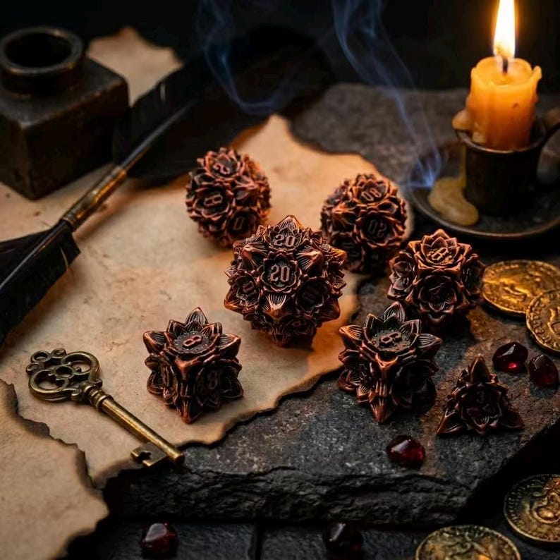 May include: A collection of bronze-colored polyhedral dice, including a D20 die with the number 20 prominently displayed. The dice are arranged on a textured surface with a lit candle, coins, and a key, creating a fantasy theme.