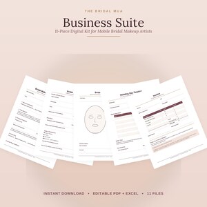 May include: An 11-piece digital business suite kit for mobile bridal makeup artists, featuring editable PDF and Excel templates. The documents include a bridal makeup contract, event details, face chart, wedding day timeline, and an invoice form.