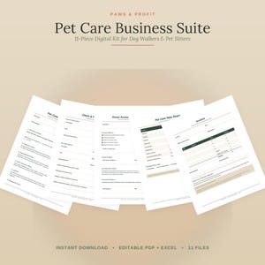 Könnte beinhalten: Ein 11-teiliges digitales Pet Care Business Suite Kit für Hundebetreuer und Tiersitter mit bearbeitbaren PDF- und Excel-Vorlagen. Die Dokumente umfassen eine Betreuungsvereinbarung, Kundeninformationen, Zugangsinformationen, Preislisten und Rechnungen.