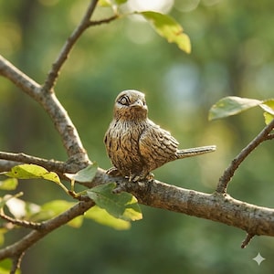 May include: A detailed bronze-colored bird figurine perched on a tree branch with green leaves. The bird has textured feathers and is set against a blurred green background. The sculpture is a decorative item.