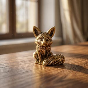 May include: A small, metallic gold-coloured fox figurine in a seated position. The sculpture features detailed, textured fur patterns across its body, pointed ears, and a long, curved tail resting on the surface. The fox has a focused expression.
