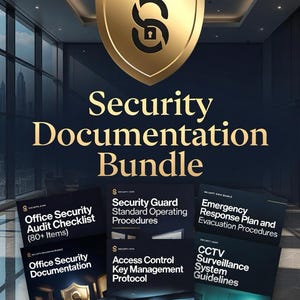 Op de afbeelding: Een donkerblauwe afbeelding met een gouden schildlogo en de tekst "Security Documentation Bundle". De afbeelding toont verschillende documenten, waaronder "Office Security Audit Checklist" en "Security Guard Standard Operating Procedures".