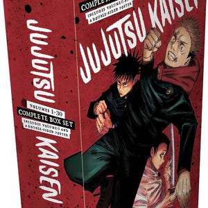 May include: A Jujutsu Kaisen complete box set containing volumes 1-30, including volume 0 and a double-sided poster. The red box features black ink splatter patterns and illustrations of three characters in dark clothing, with the title text printed in white.