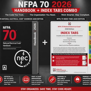 May include: The NFPA 70 2026 National Electrical Code Handbook and Index Tabs combo set. The black handbook features red and white text. The white index tab sheet includes color-coded tabs, instructional text, and diagrams for installation.