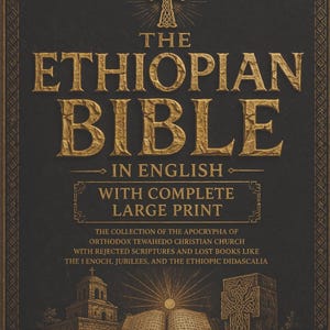 May include: A black book cover with gold embossed text reading THE ETHIOPIAN BIBLE IN ENGLISH WITH COMPLETE LARGE PRINT. It includes a cross icon, an illustration of an open book with rays of light, a stone church, and a stone cross.