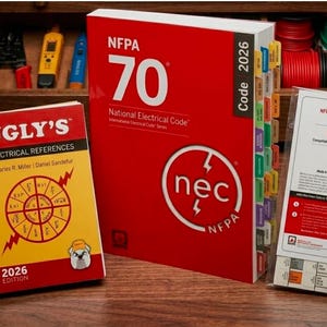 May include: A set of electrical reference materials including a red NFPA 70 National Electrical Code 2026 book with colorful index tabs, a yellow Ugly's Electrical References 2026 spiral-bound book, and a package of NFPA 70 index tabs.