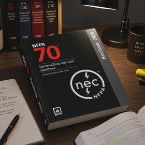 May include: The NFPA 70 National Electrical Code Handbook 2026 is a black hardcover book with red and white text. The cover features the NEC logo, a white circle with lightning bolts. It is displayed alongside a spiral notebook, a black mug, and highlighters.