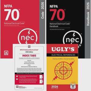 May include: A collection of 2026 electrical reference books including the red NFPA 70 National Electrical Code, the black NFPA 70 Handbook, a white package of index tabs, and the yellow Ugly's Electrical References book with a circular diagram.