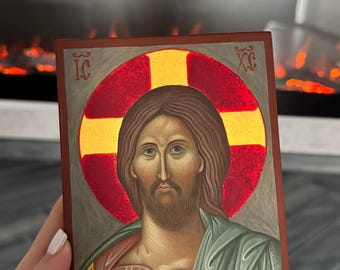 Hand Painted Jesus Christ Icon – Orthodox Pantocrator Icon, Christian Wall Art, Byzantine Religious Gift