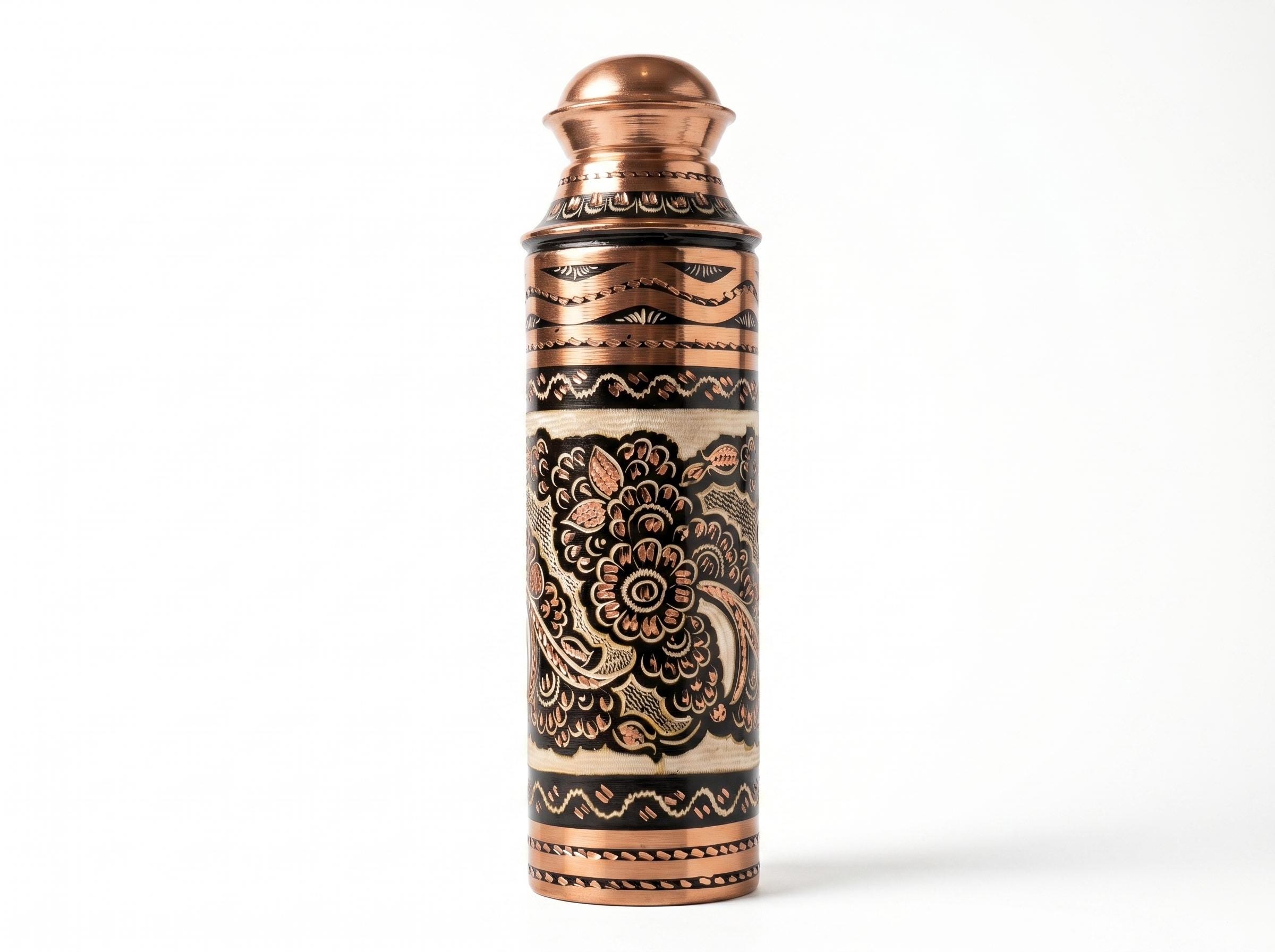 Handmade Engraved Copper Water Bottle, Floral Enamel Design, Ayurvedic Detox Drinkware, Housewarming Gift, Pure Copper Flask