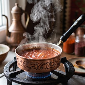 Op de afbeelding: Een koperen steelpan met een zwarte handgreep staat op een gasfornuis, gevuld met een sudderende rode saus. Stoom stijgt op uit de pan, wat duidt op een vers bereide maaltijd. De keukenomgeving omvat koperen kookgerei en kruidenpotten.