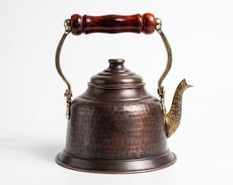 Tetera de cobre martillado hecha a mano, tetera turca con bordado floral, juego de té de cobre puro, regalo para inauguración de casa, regalo para el Día de la Madre