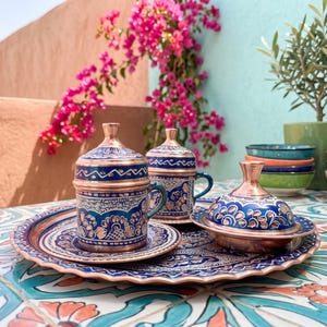 Turkish Copper Coffee Cup Set for 3, Engraved Arabic Coffee Set with Serving Tray, Housewarming Gift, Wedding Favor, Ottoman Design