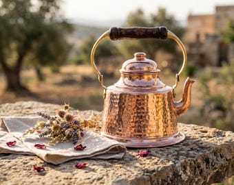 Handmade Hammered Copper Teapot, Embroidered Floral Turkish Tea Kettle, Pure Copper Tea Set, Housewarming Gift, Mother's Day Gift