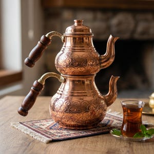 Puede incluir: Una tetera turca de cobre con un diseño de dos niveles, detalles ornamentados y asas de madera. Un vaso de té con una ramita de menta se encuentra sobre un platillo pequeño. También hay un pequeño recipiente dorado y una alfombra decorativa.