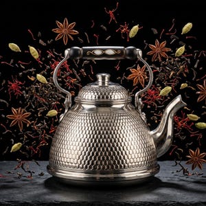 Peut inclure: Une théière argentée avec un corps texturé et une poignée noire et blanche. Des épices, dont de l'anis étoilé et de la cardamome, sont suspendues en l'air autour de la théière sur un fond noir. L'image évoque la préparation du thé.